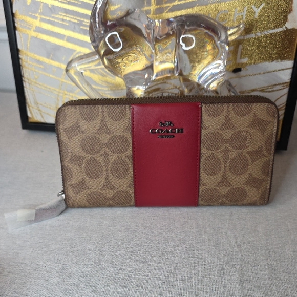 Coach Handbags - Coach Signature Brown and Red Zip Wallet